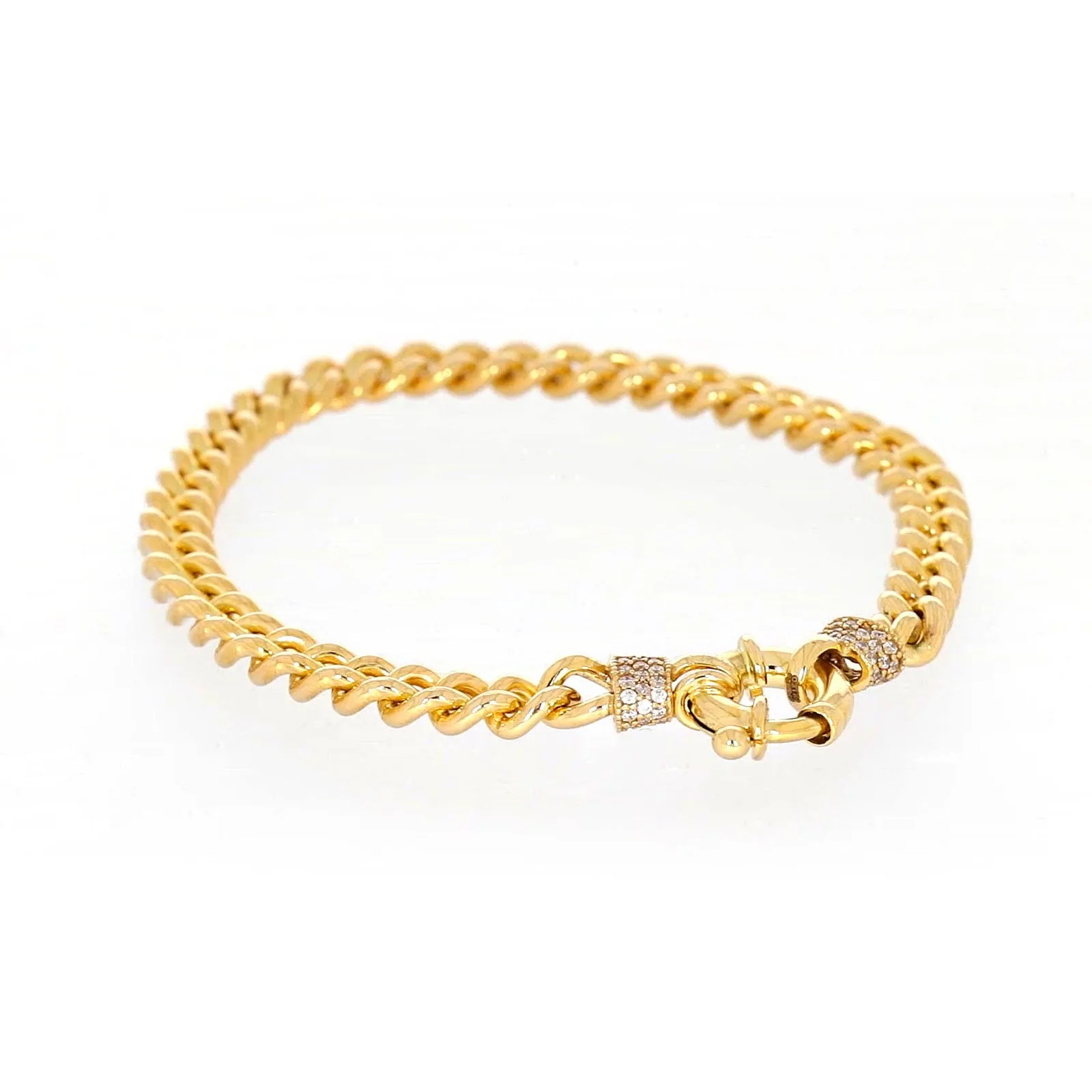 9ct Yellow Gold Silver Filled 19cm Curb Bracelet with Cubic Zirconia & Bolt Ring