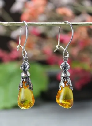 Amber and Sterling Silver Teardrop Earrings
