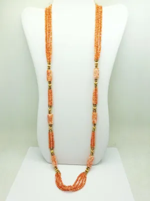 Angel Skin Multi-Strand Bead & Carved Tube Coral Bead Necklace 14k Gold 36"