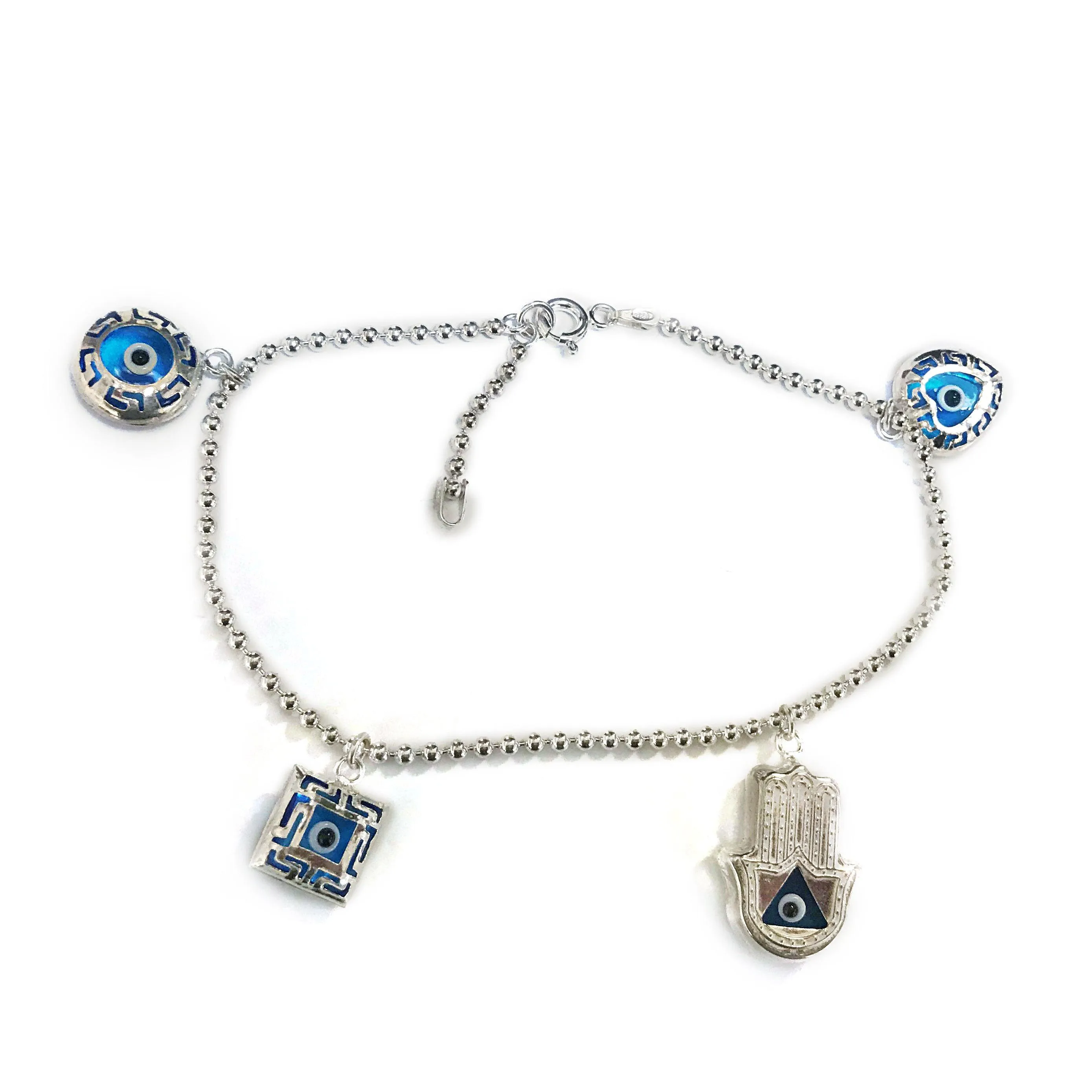 Beads Chain Ankle Bracelet in Sterling Silver with Charms