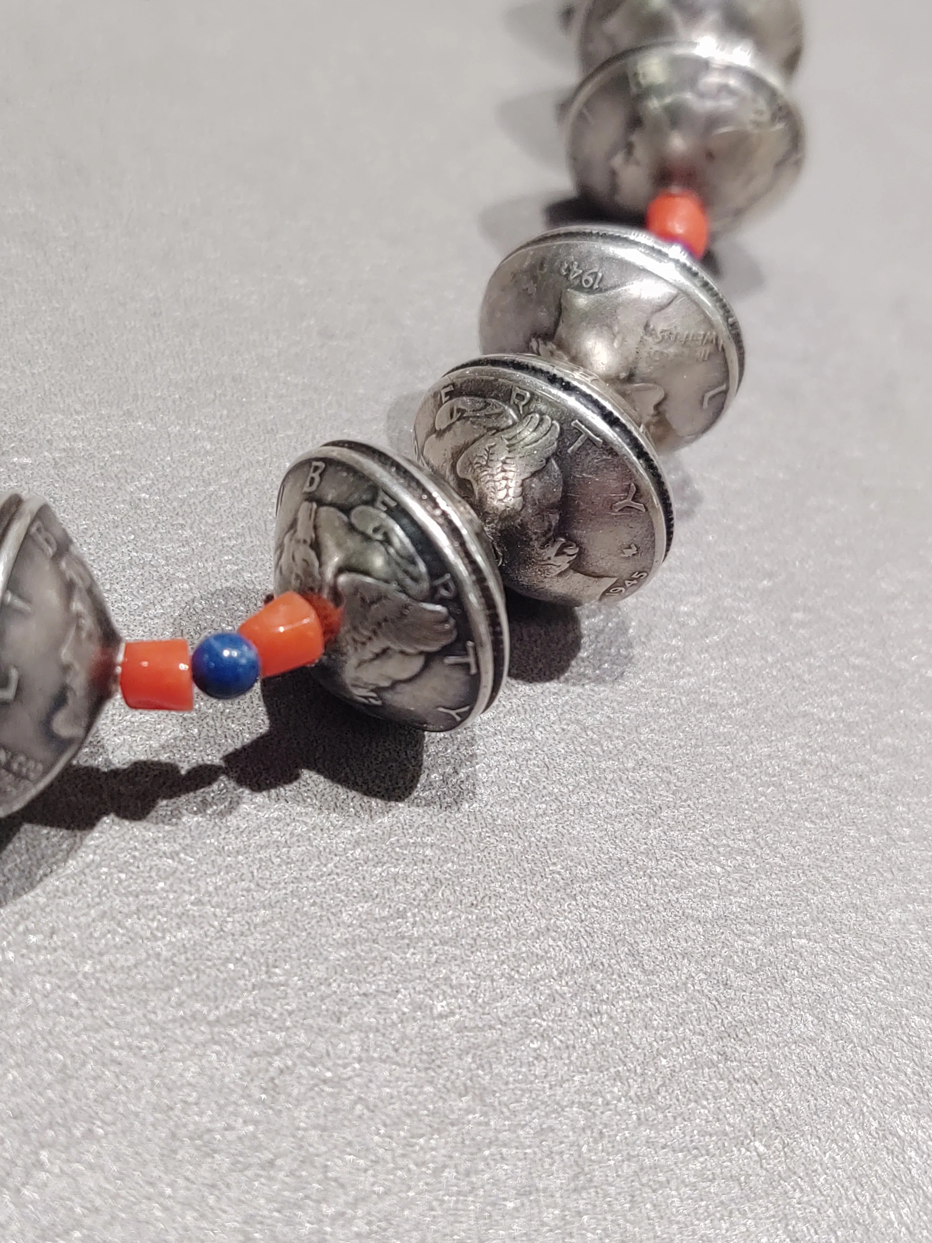 Betty Yellowhorse Navajo Mercury Dime Coral Lapis Necklace - Handmade Native American