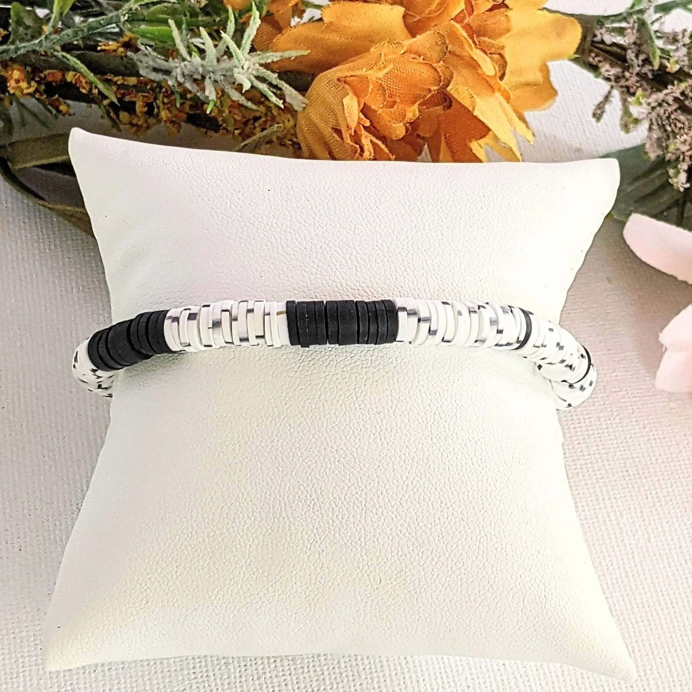 Black, Salt & Pepper Heishi Clay Disc Bracelet