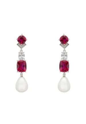 Cordelia Pearl & Ruby Long Drop Earrings Silver