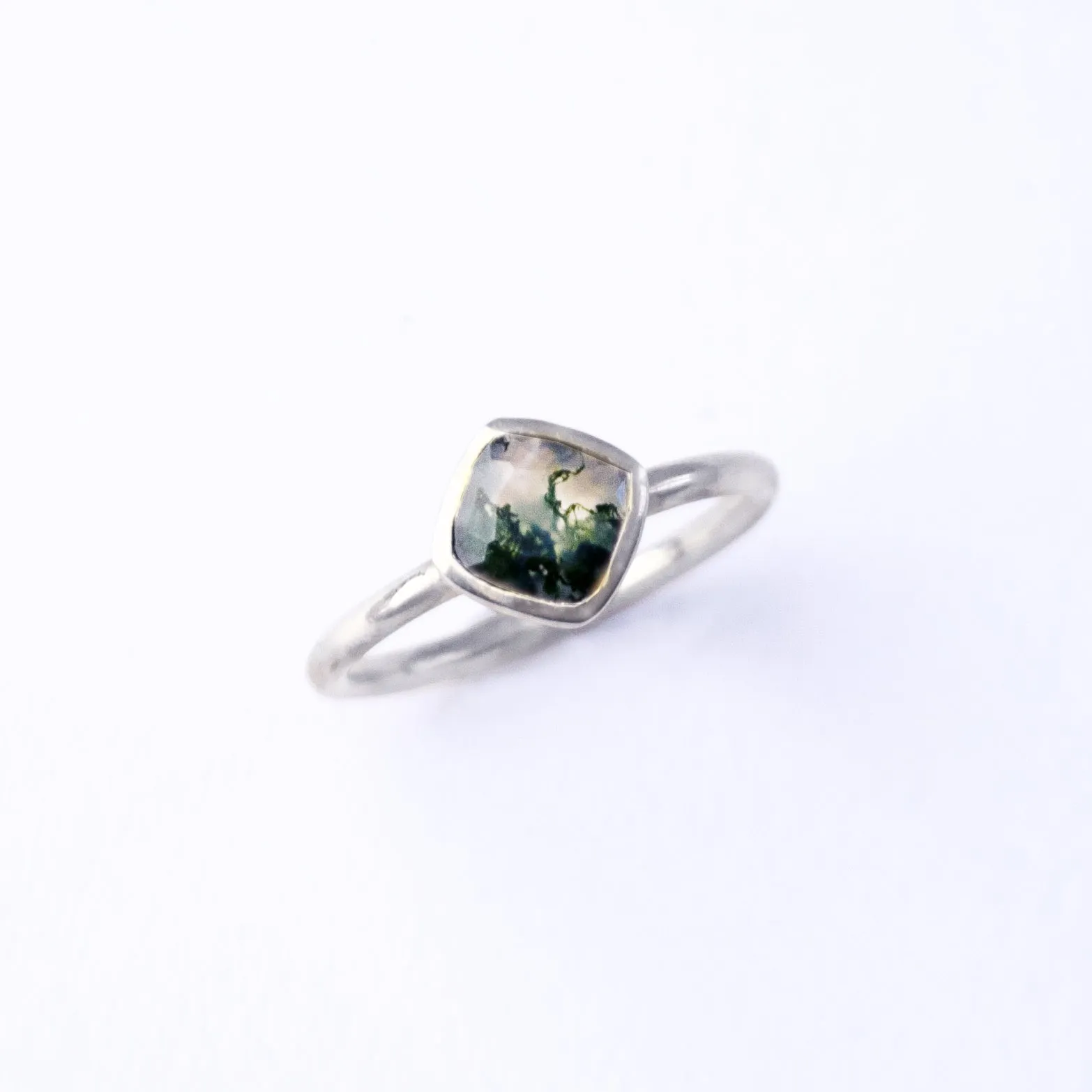 Diamond Shape Moss Agate Stacking Ring • August Birthstone