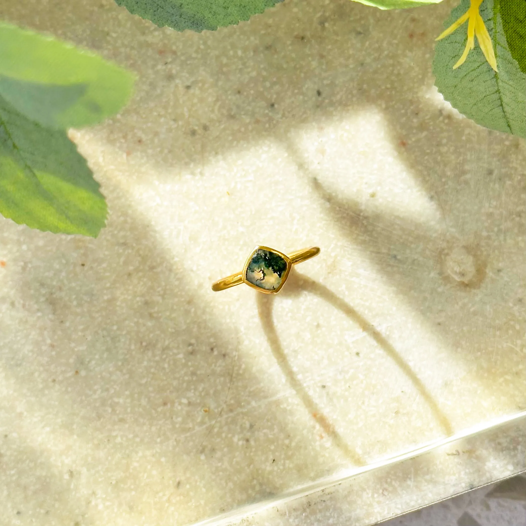 Diamond Shape Moss Agate Stacking Ring • August Birthstone