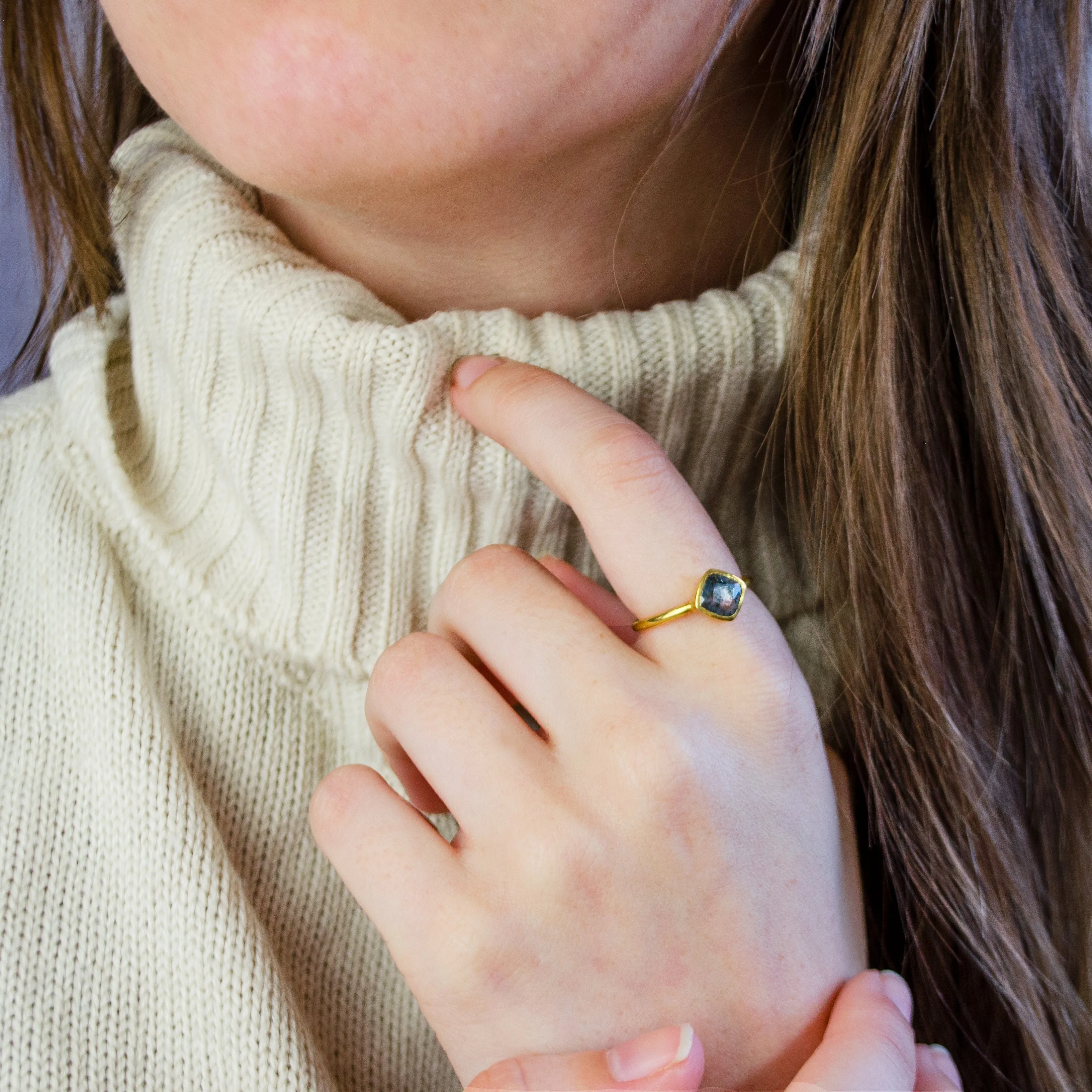 Diamond Shape Moss Agate Stacking Ring • August Birthstone