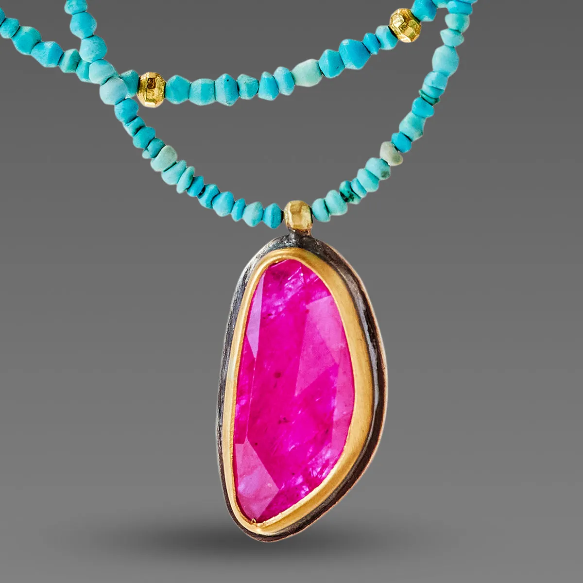 Double Strand Turquoise Necklace with Ruby