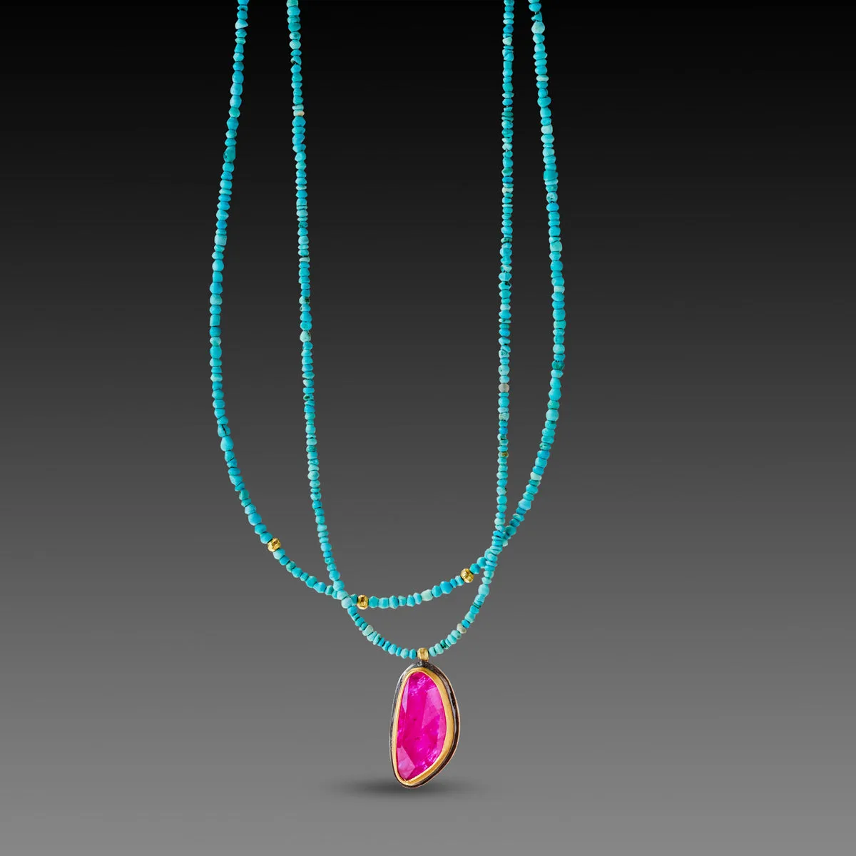 Double Strand Turquoise Necklace with Ruby