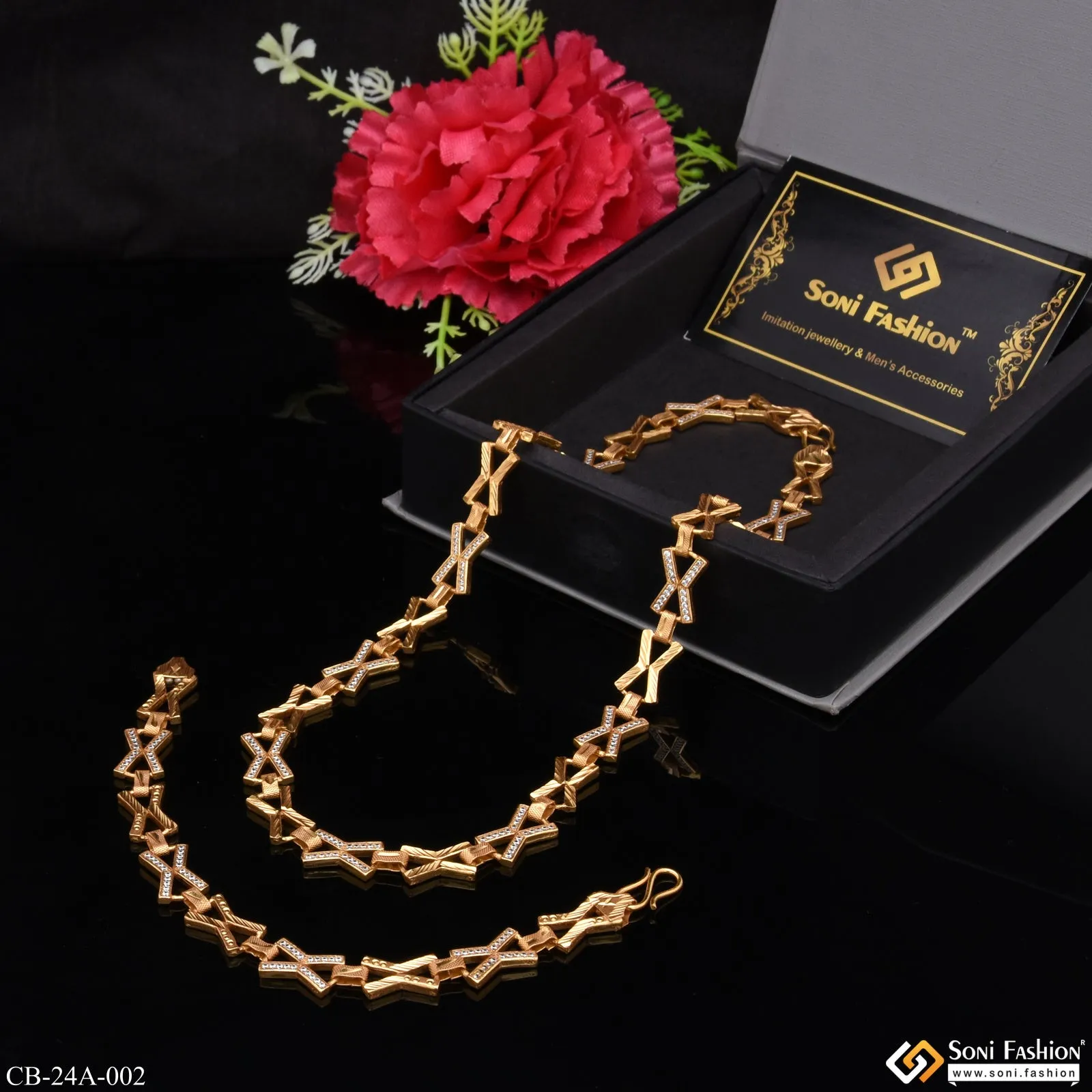 Fashionable Design Linked with Diamond Gold Plated Chain Bracelet Combo - Style A002