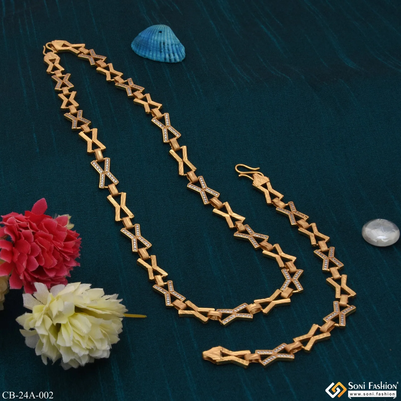 Fashionable Design Linked with Diamond Gold Plated Chain Bracelet Combo - Style A002
