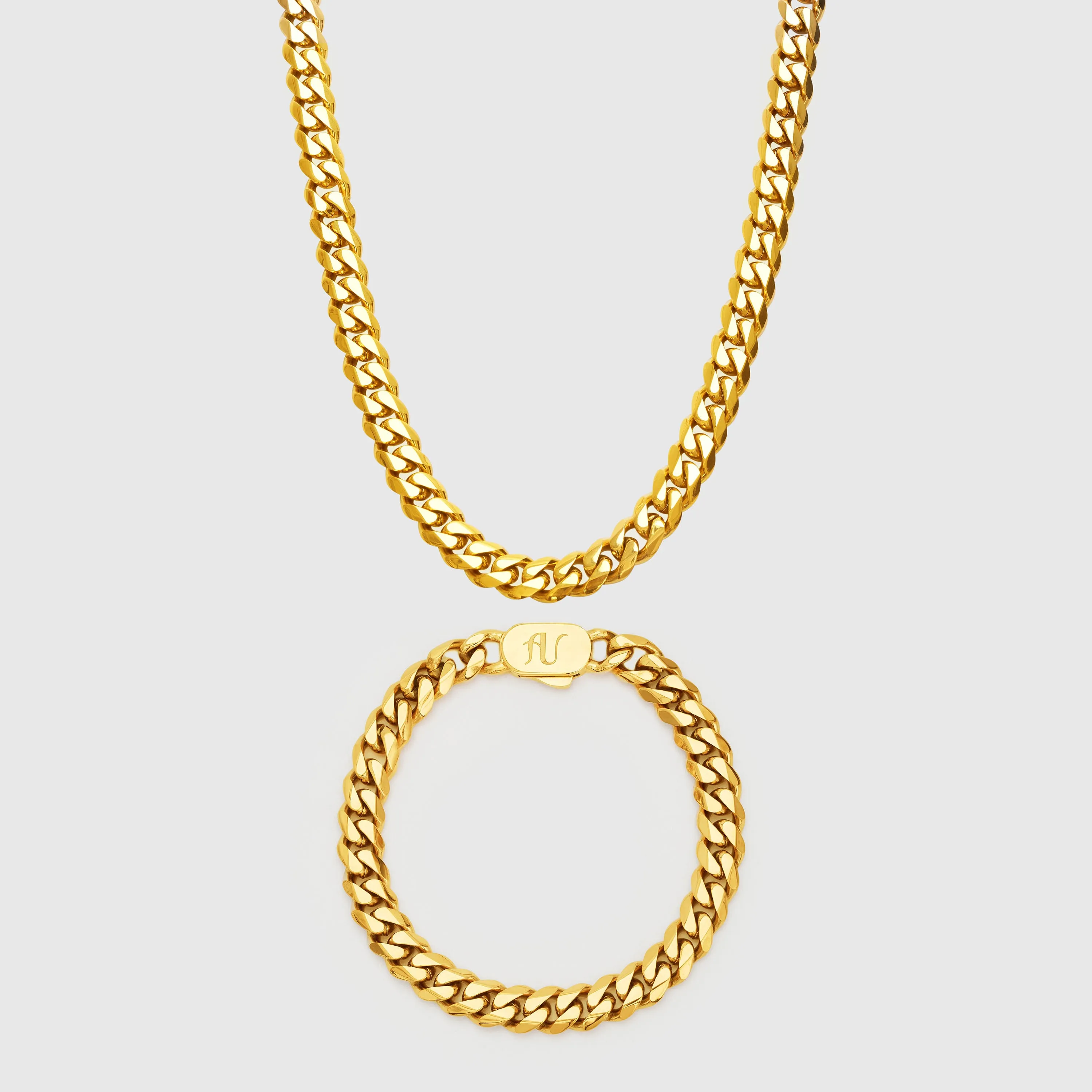 Gold Cuban Link Chain and Bracelet Set - 8 mm
