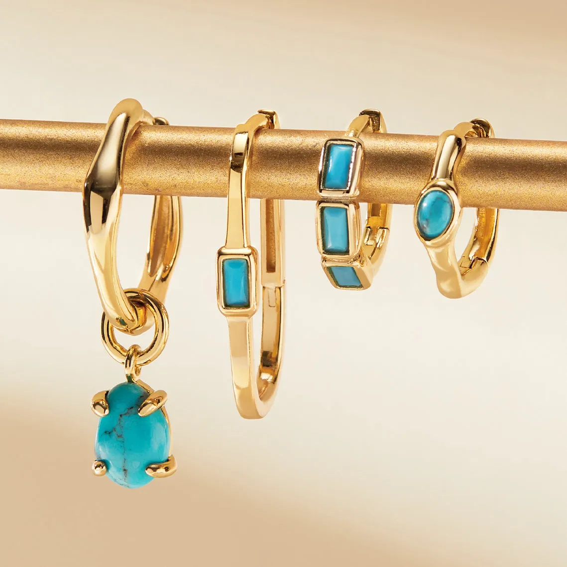Gold Turquoise Drop Wave Huggie Hoop Earrings