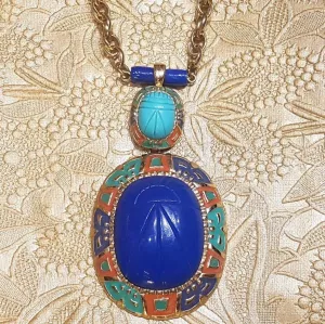 Hattie Carnegie Pendant Egyptian Scarab Beetle Blue Coral Gold Chain Vintage Unsigned