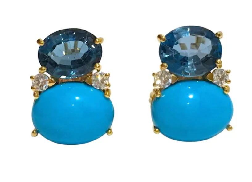 Large GUM DROP™ Earrings with Blue Topaz and Cabochon Turquoise and Diamonds