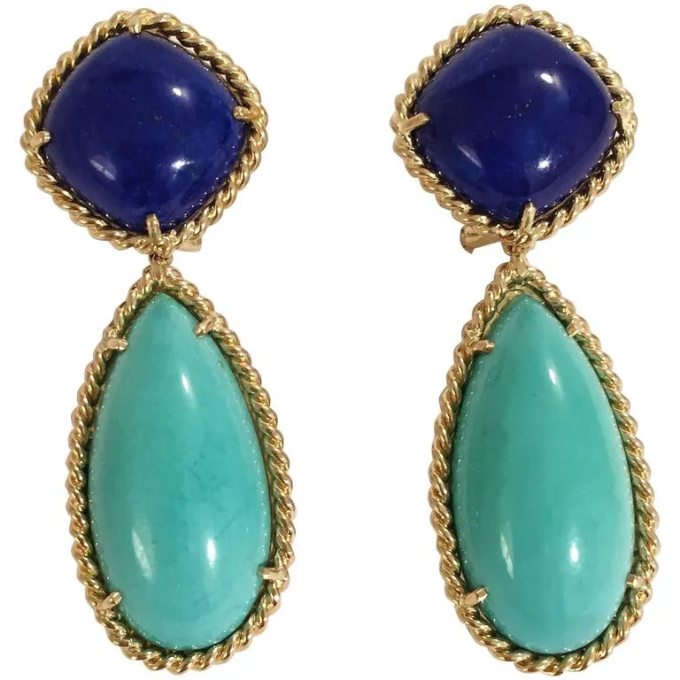 Large GUM DROP™ Earrings with Blue Topaz and Cabochon Turquoise and Diamonds