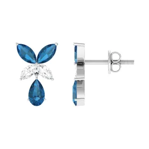 London Blue Topaz and Moissanite Flower Drop Earrings