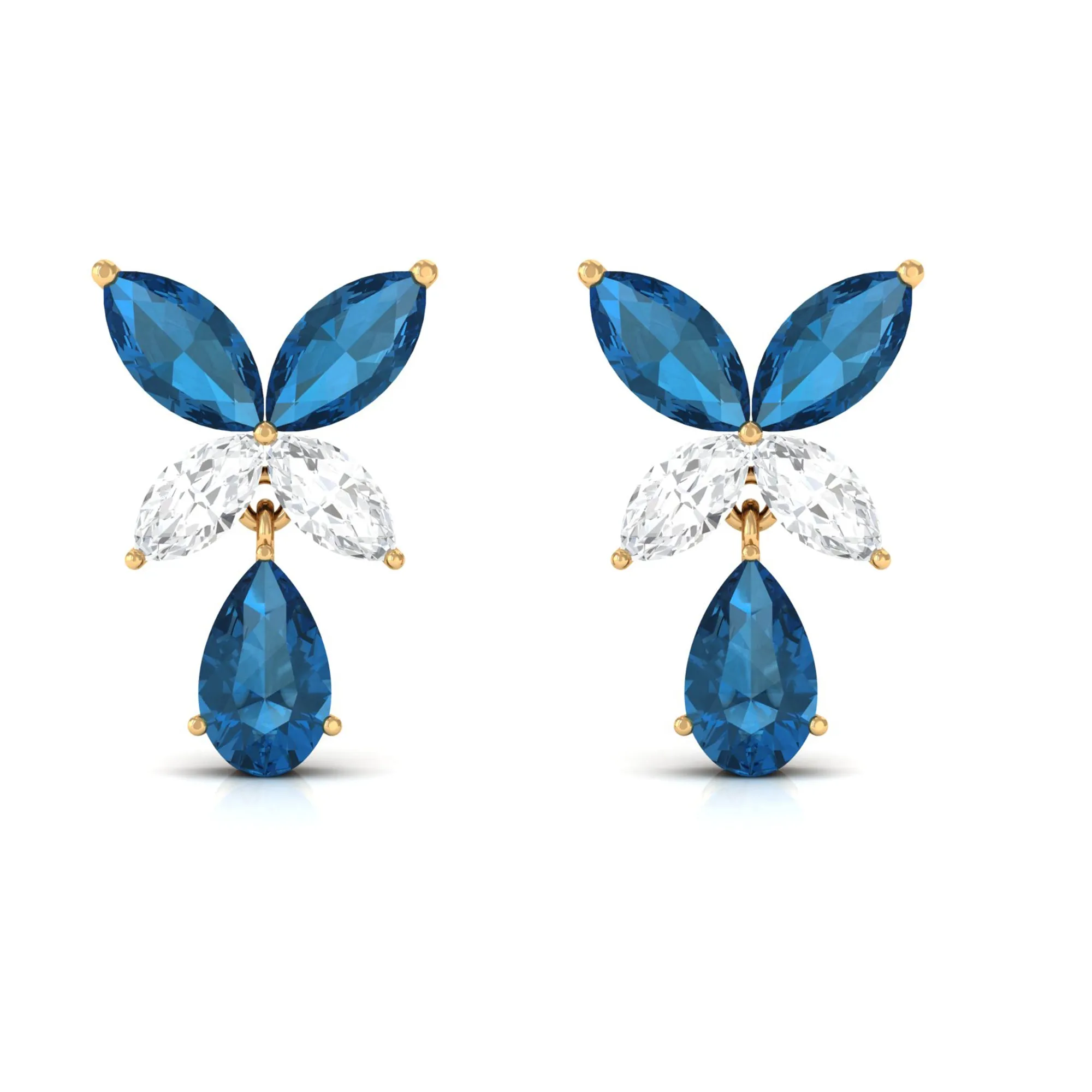 London Blue Topaz and Moissanite Flower Drop Earrings