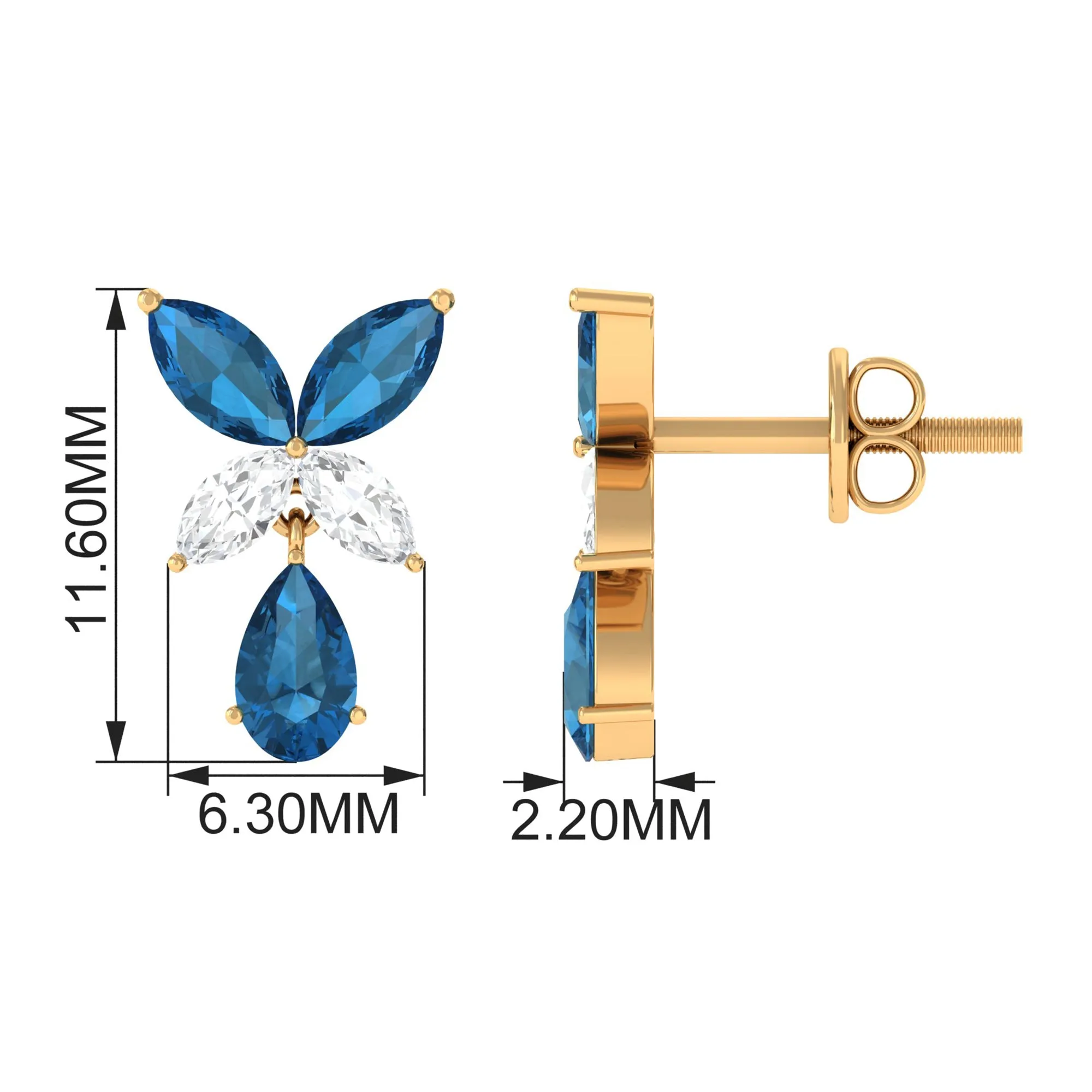 London Blue Topaz and Moissanite Flower Drop Earrings