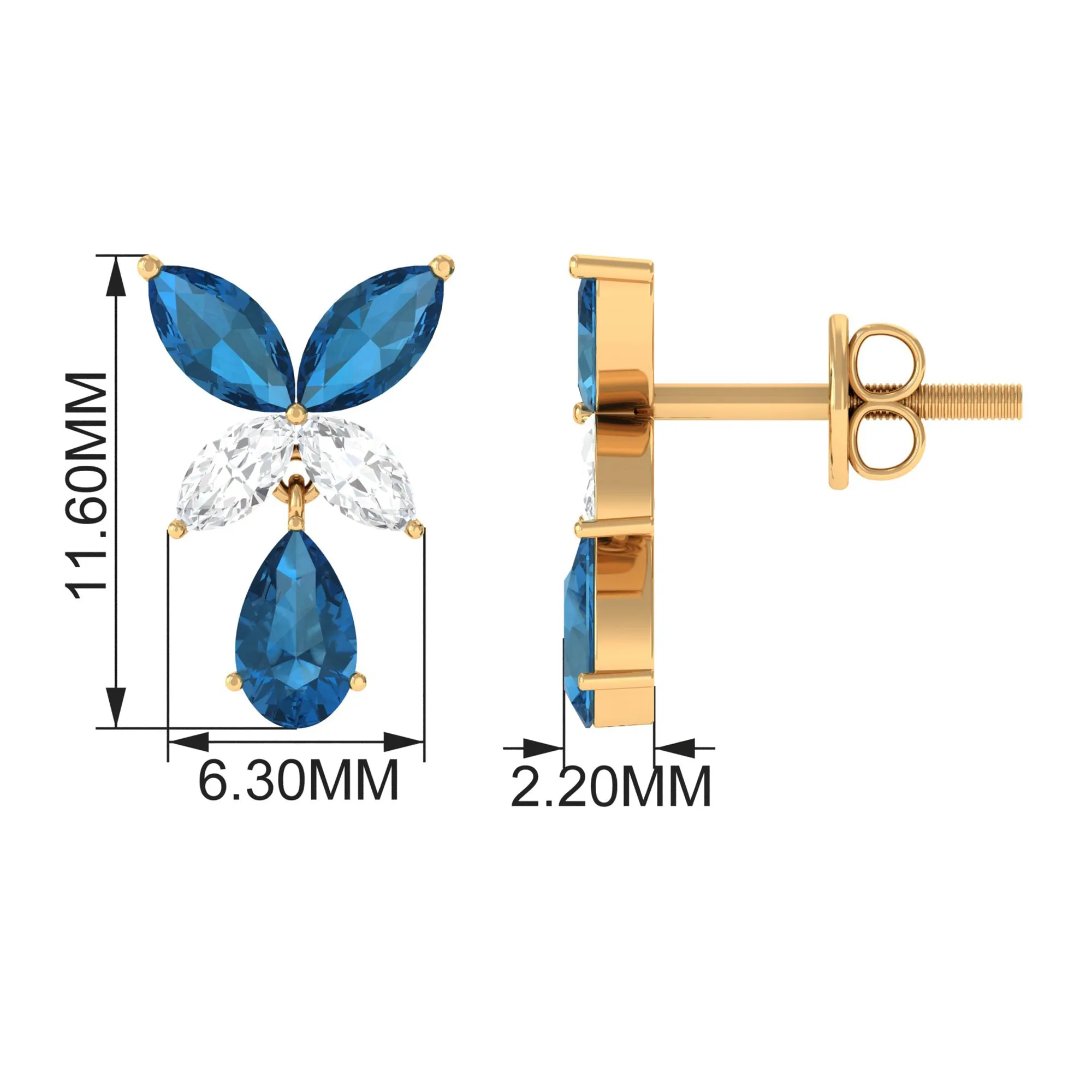 London Blue Topaz and Moissanite Flower Drop Earrings
