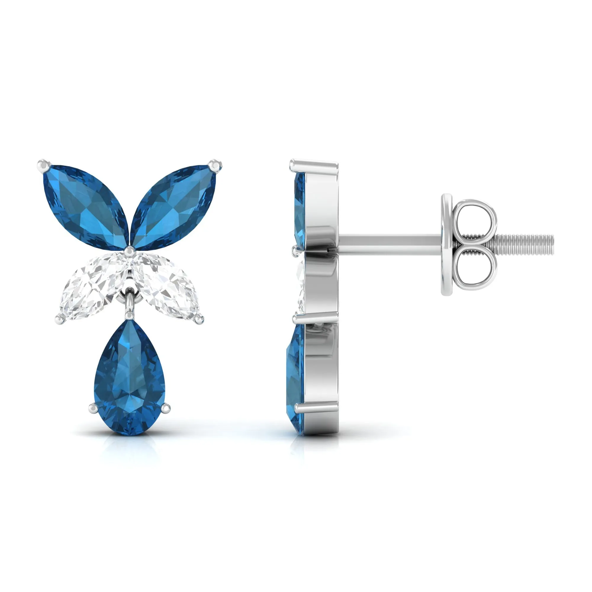 London Blue Topaz and Moissanite Flower Drop Earrings