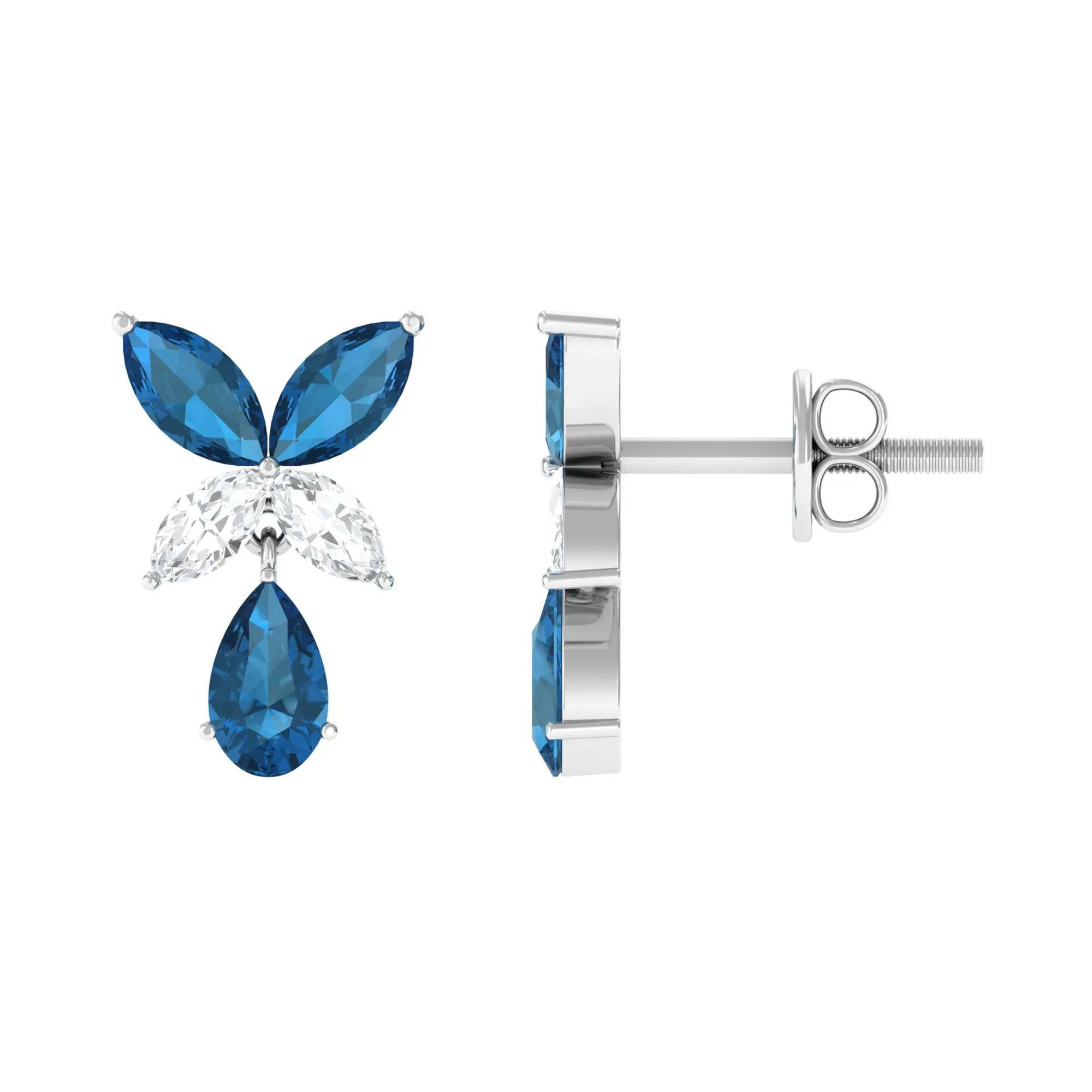 London Blue Topaz and Moissanite Flower Drop Earrings