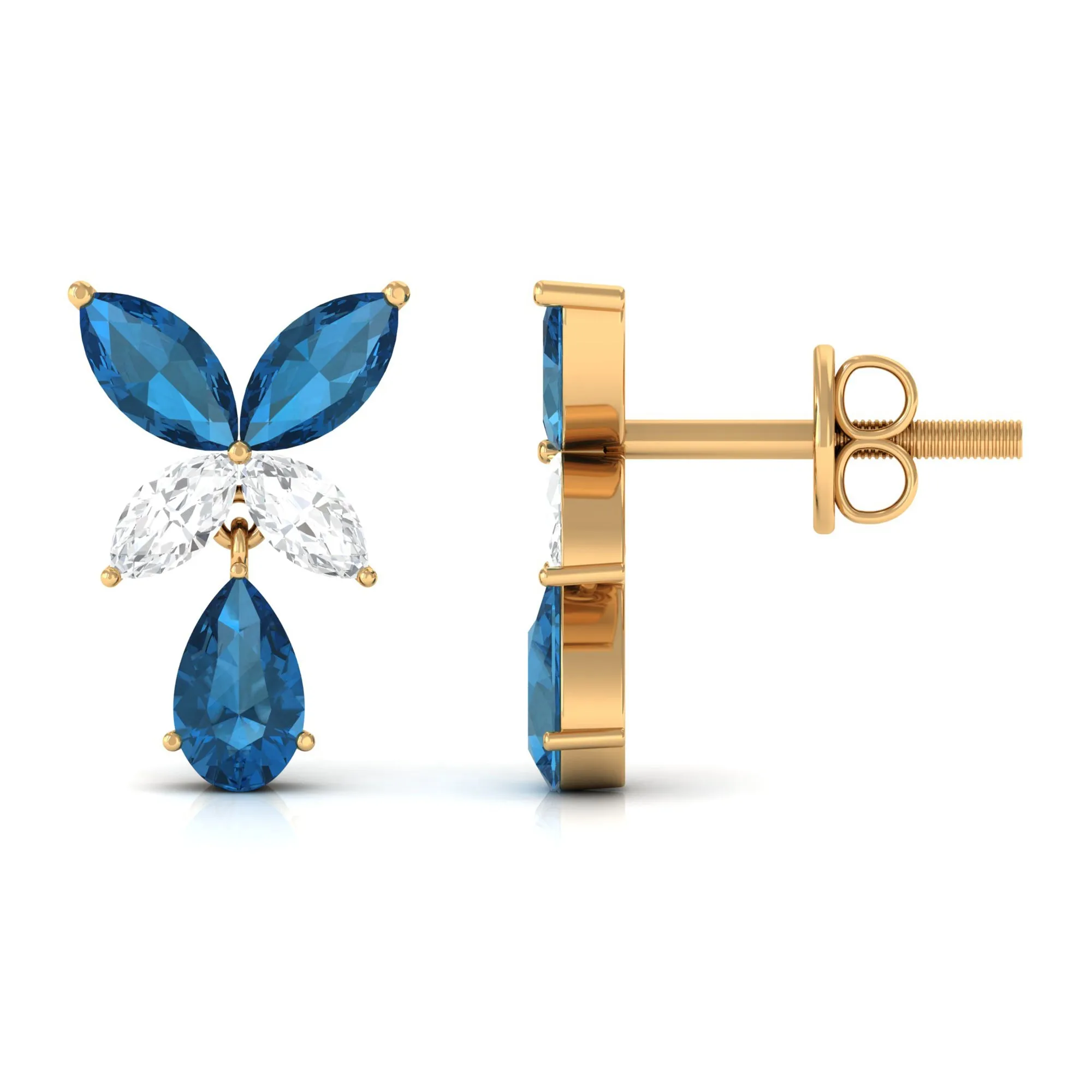 London Blue Topaz and Moissanite Flower Drop Earrings