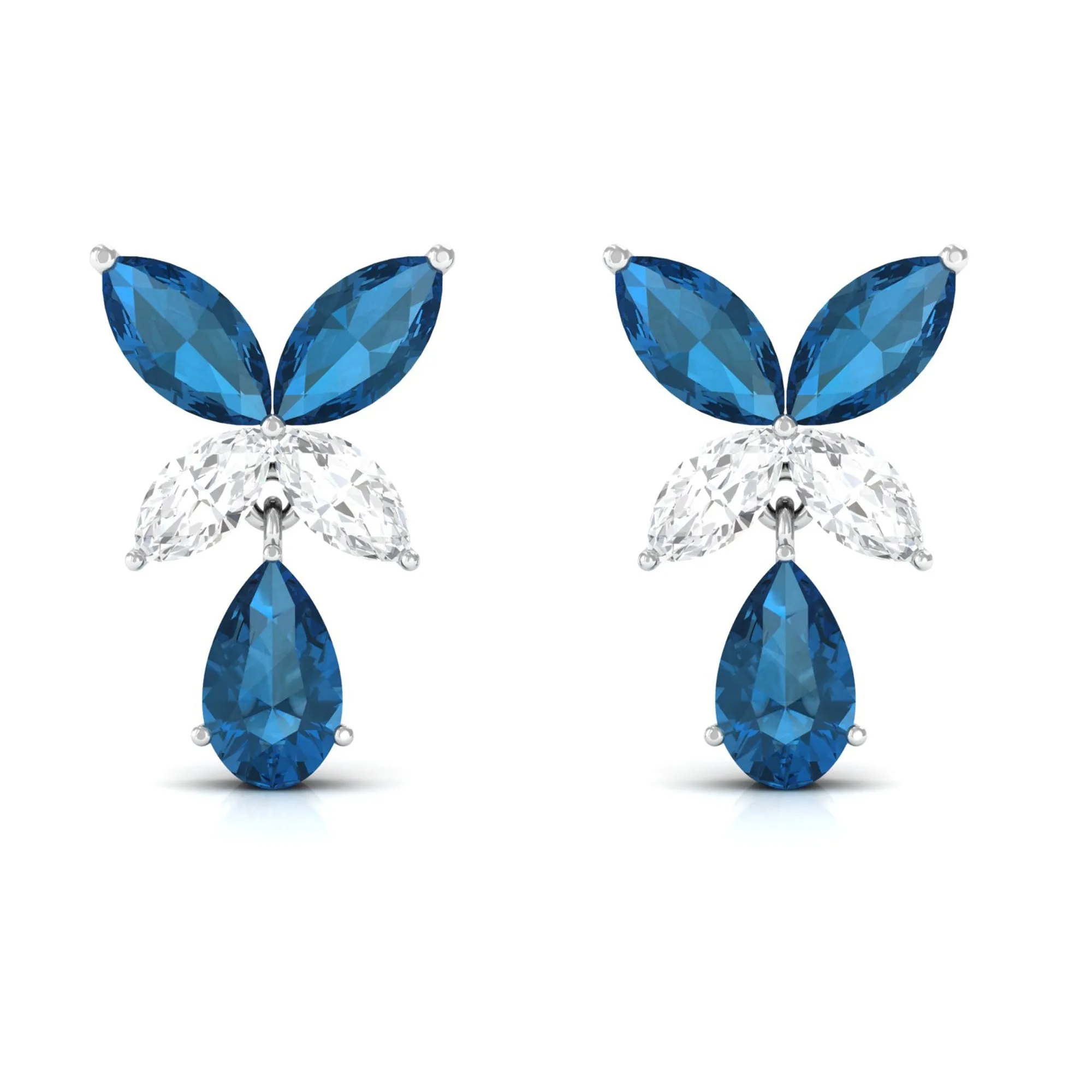 London Blue Topaz and Moissanite Flower Drop Earrings