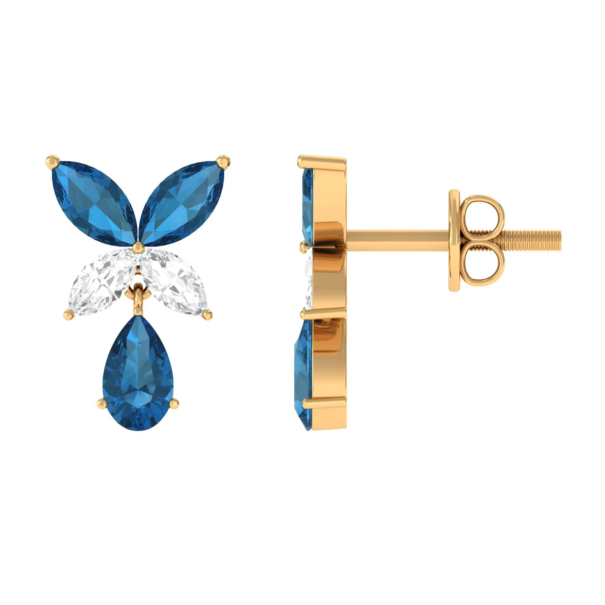 London Blue Topaz and Moissanite Flower Drop Earrings