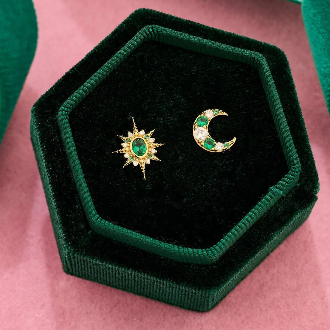Luna Mismatch Star and Moon Studs Emerald CZ and Gold