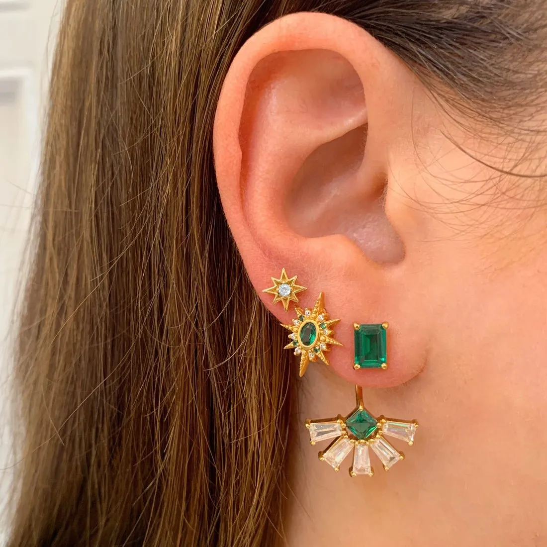 Luna Mismatch Star and Moon Studs Emerald CZ and Gold