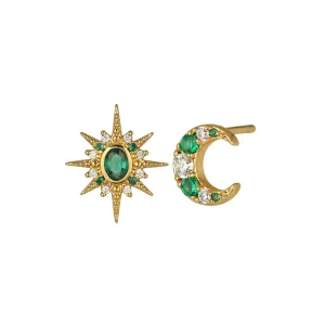 Luna Mismatch Star and Moon Studs Emerald CZ and Gold