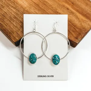 Merle House | Navajo Handmade Sterling Silver Hoop Earrings with Oval Kingman Turquoise Stone