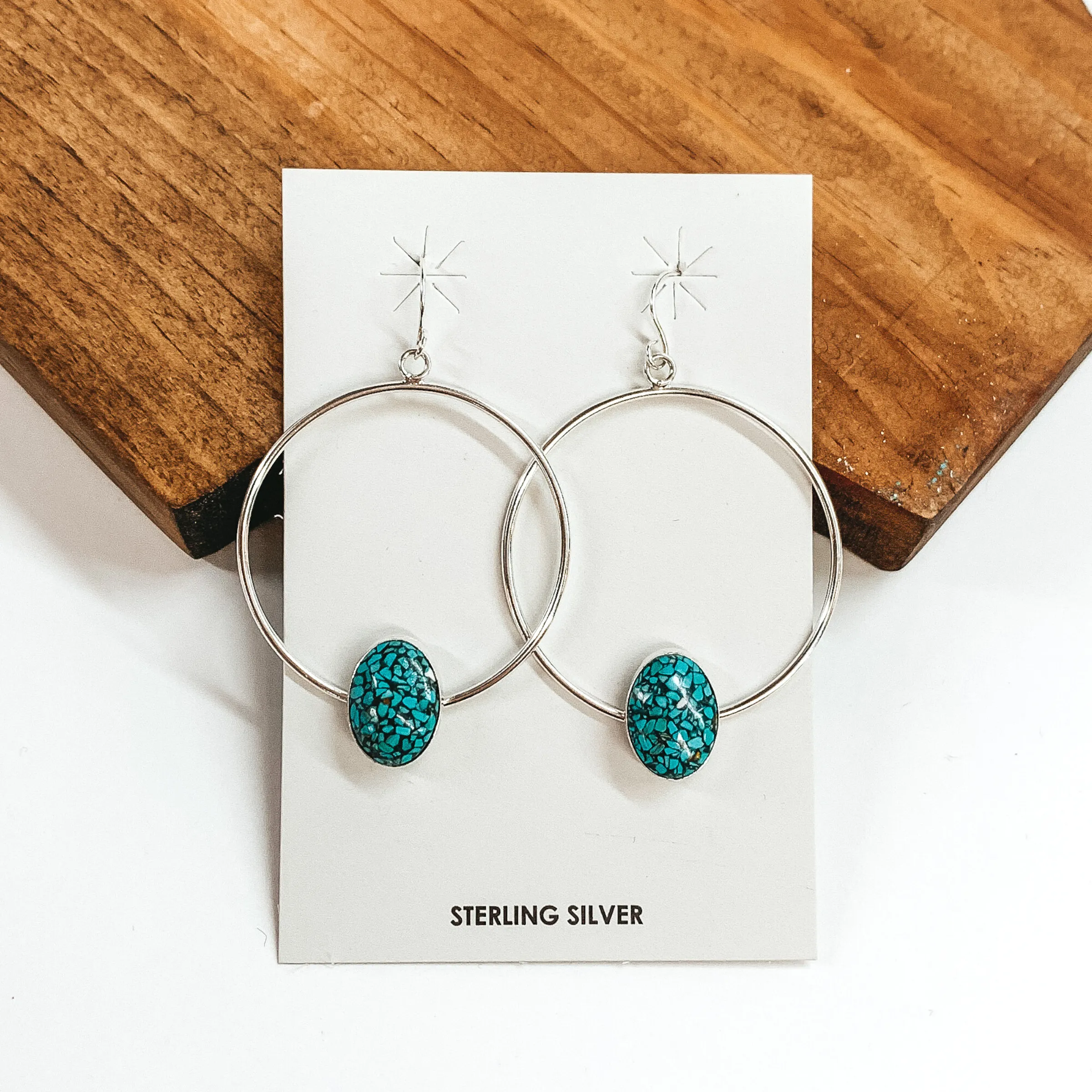 Merle House | Navajo Handmade Sterling Silver Hoop Earrings with Oval Kingman Turquoise Stone