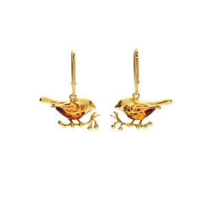 MILENA Amber Earrings Gold Plated Sterling Silver Robin Bird