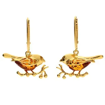 MILENA Amber Earrings Gold Plated Sterling Silver Robin Bird