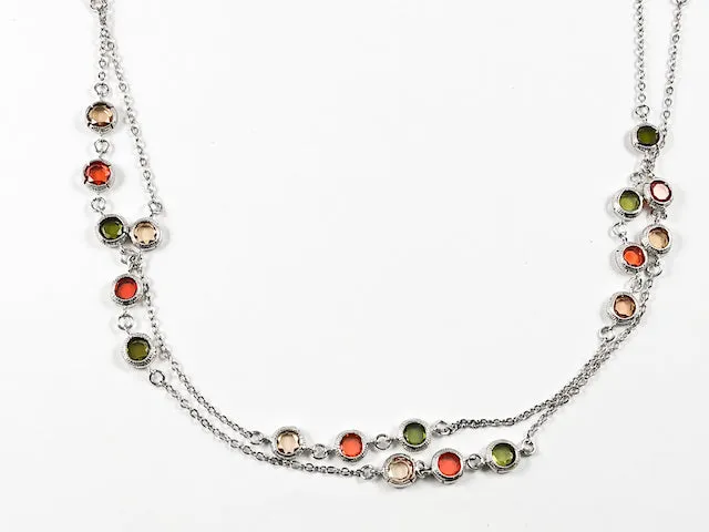 Modern Layered High Quality Colorful Bezel CZ Long Brass Necklace