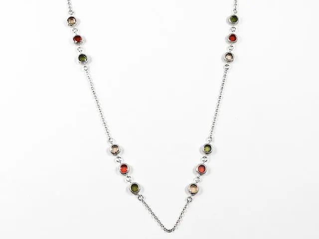 Modern Layered High Quality Colorful Bezel CZ Long Brass Necklace