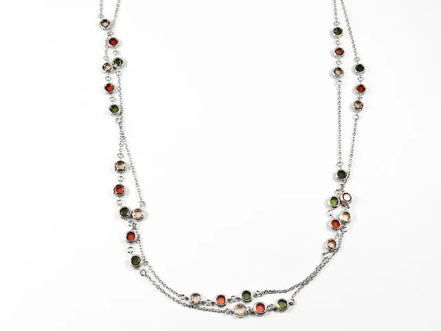 Modern Layered High Quality Colorful Bezel CZ Long Brass Necklace