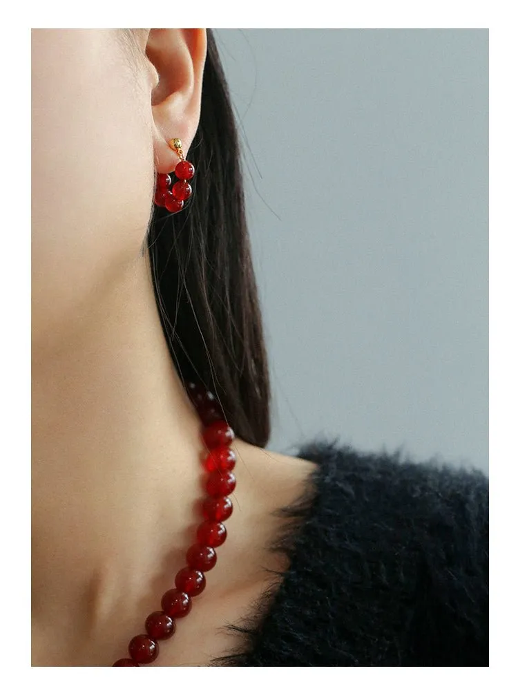 New Year's Red Agate Stone Beaded Earrings
