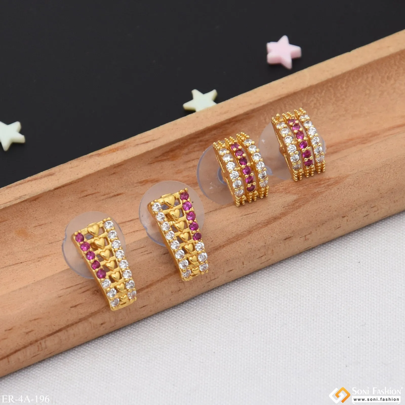 Pink Diamonds Gold Plated Two Stud Earrings Set for Ladies - Style A196