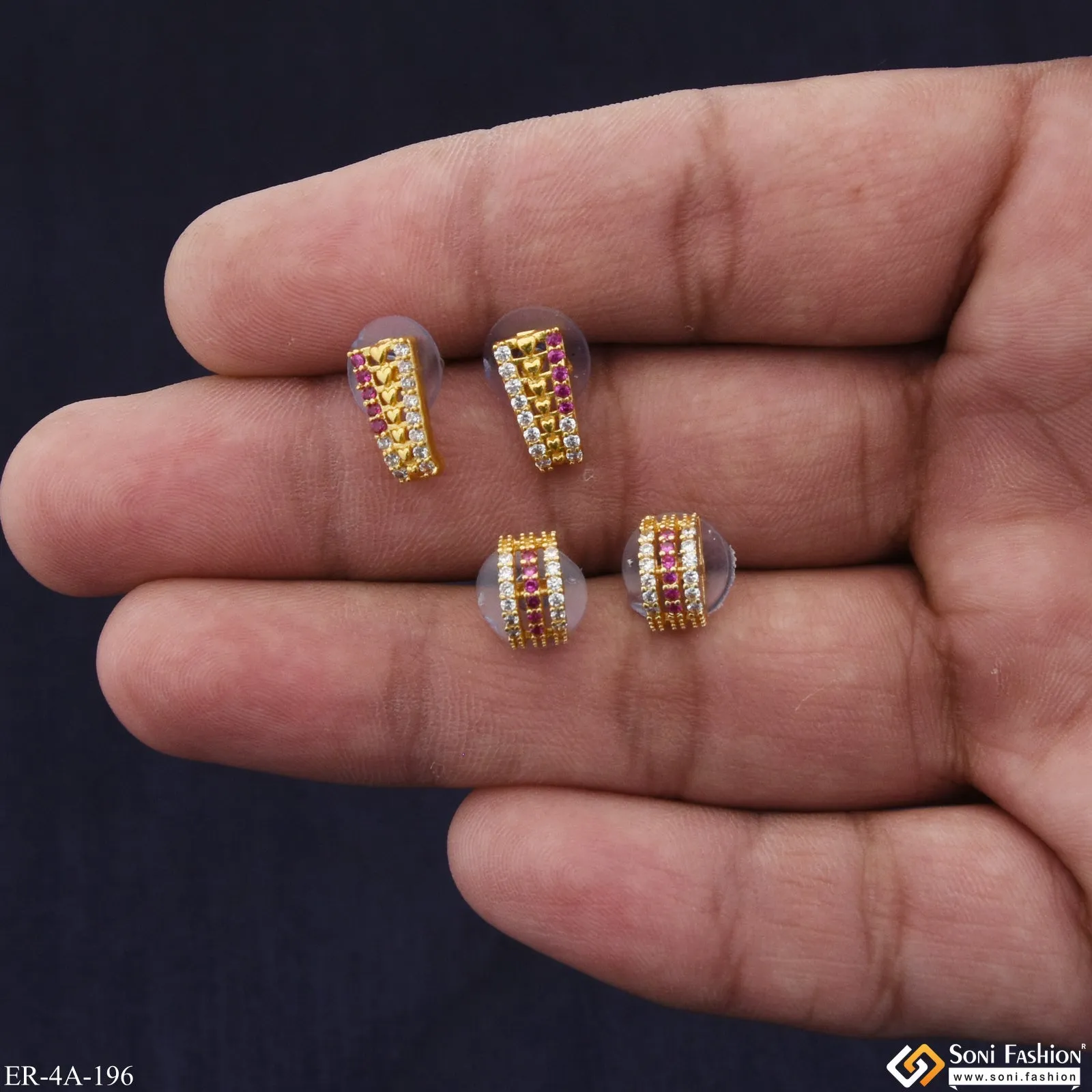Pink Diamonds Gold Plated Two Stud Earrings Set for Ladies - Style A196