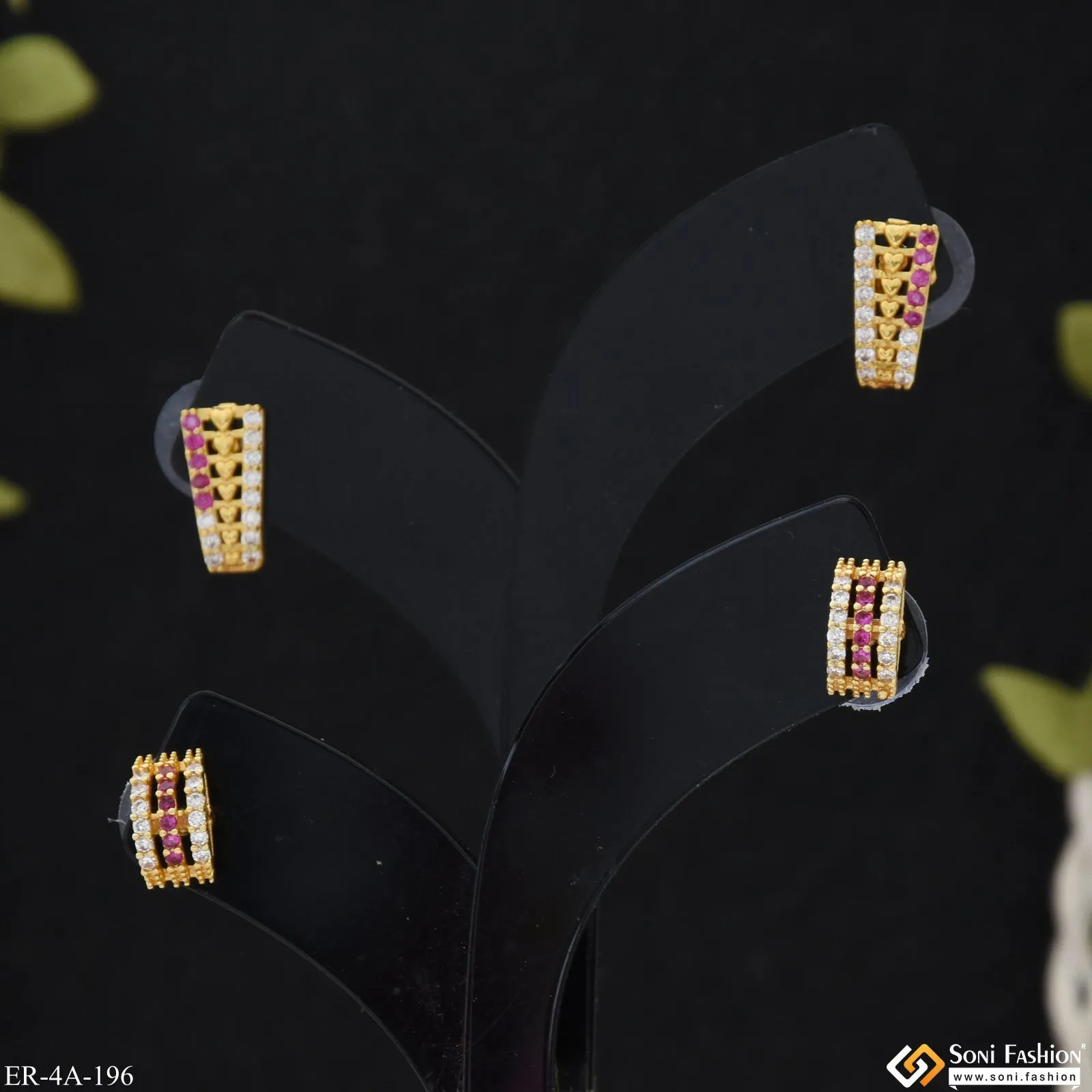 Pink Diamonds Gold Plated Two Stud Earrings Set for Ladies - Style A196