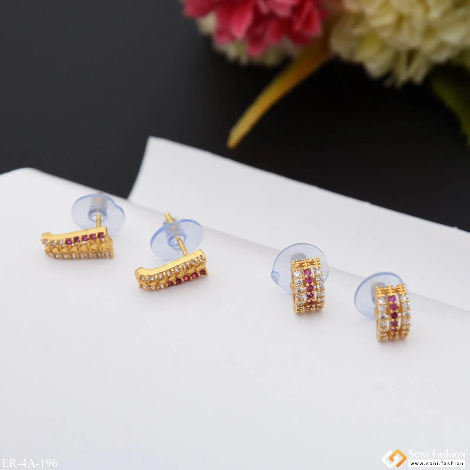 Pink Diamonds Gold Plated Two Stud Earrings Set for Ladies - Style A196