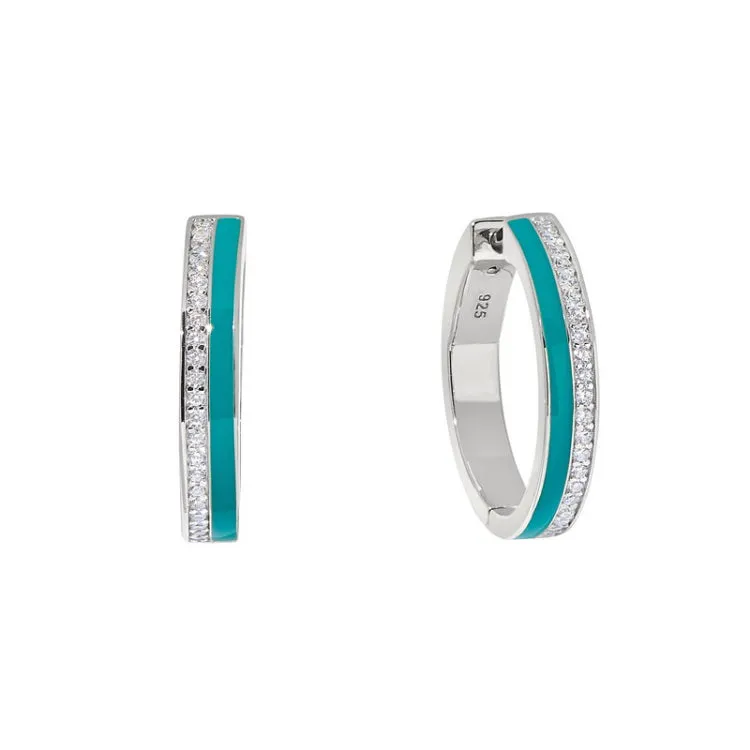 Platinum finish sterling silver micropave hoop earrings with turquoise enamel and simulated diamonds