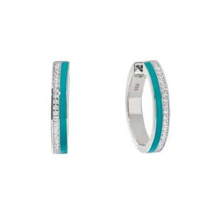 Platinum finish sterling silver micropave hoop earrings with turquoise enamel and simulated diamonds