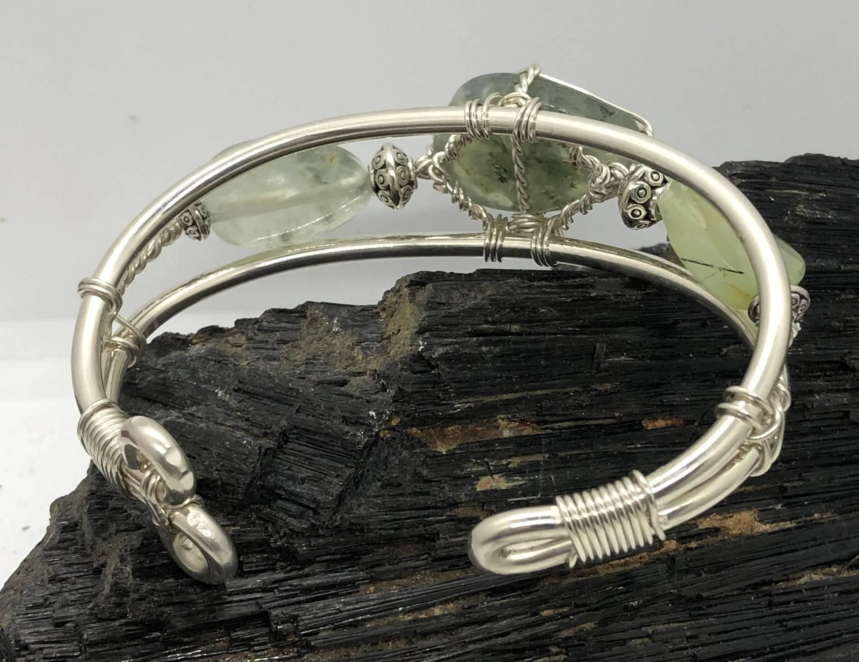 Prehnite w/Prehnite Side Stones Sterling Silver Wirewrapped Bracelet