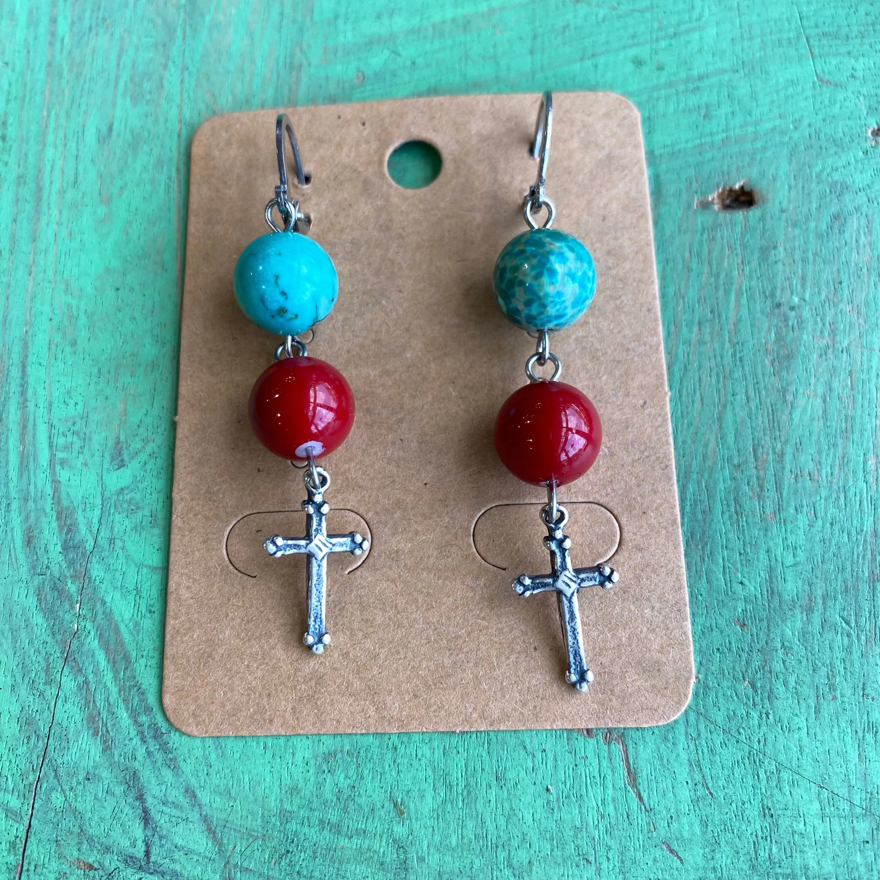 Red and Turquoise Cross Necklace and Earring Set