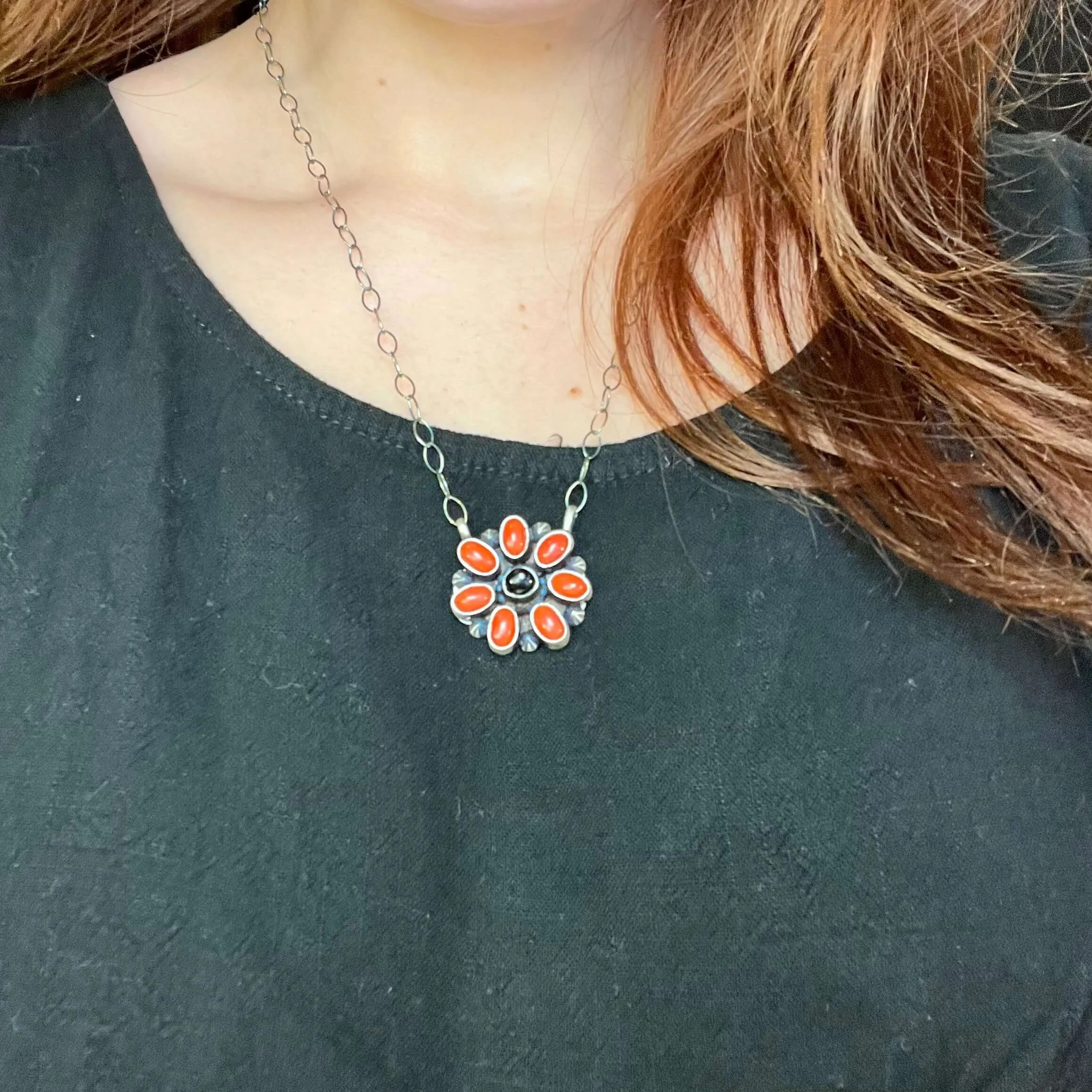 Red Coral Cluster with a Black Onyx Center Genuine Necklace