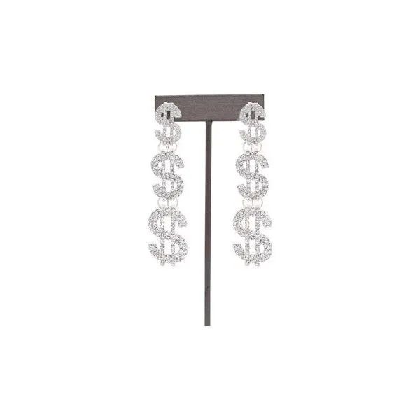 RHINESTONE MONEY SIGN DROP EARRINGS