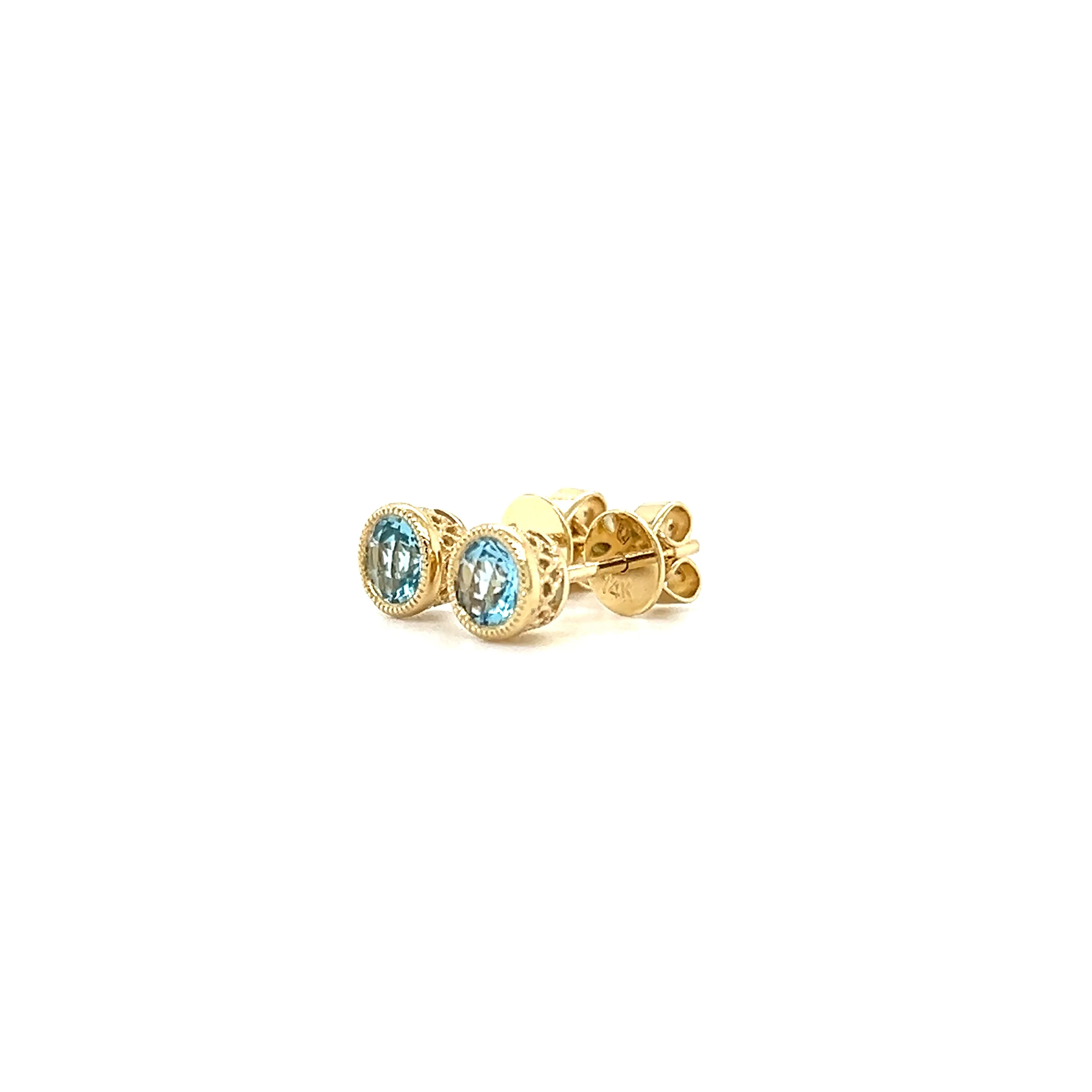Round Blue Topaz Stud Earrings with Filigree and Milgrain Details in 14K Yellow Gold